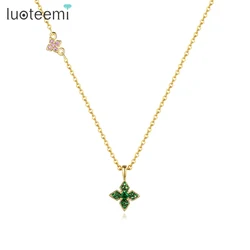 LUOTEEMI Cute Green Four Leaf Clover Long Pendant Necklace for Women Gold Color Simple Design Statement Accessories for Girl