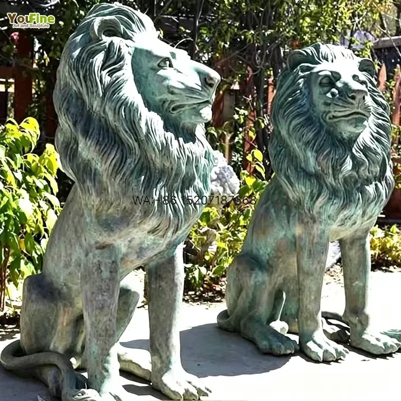 Wmwmnu for YouFine Bronze Lion Statue Seated Lion Sculpture Handcrafted Lost Wax Casting Verdigris Patina Garden Courtyard