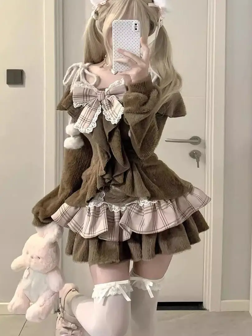 Y2K Spicy Girl Pure Desire Plaid  Skirt Women's Spring Autumn Retro Mink Fur Top High Waist Cake Skirt Two-Piece Set