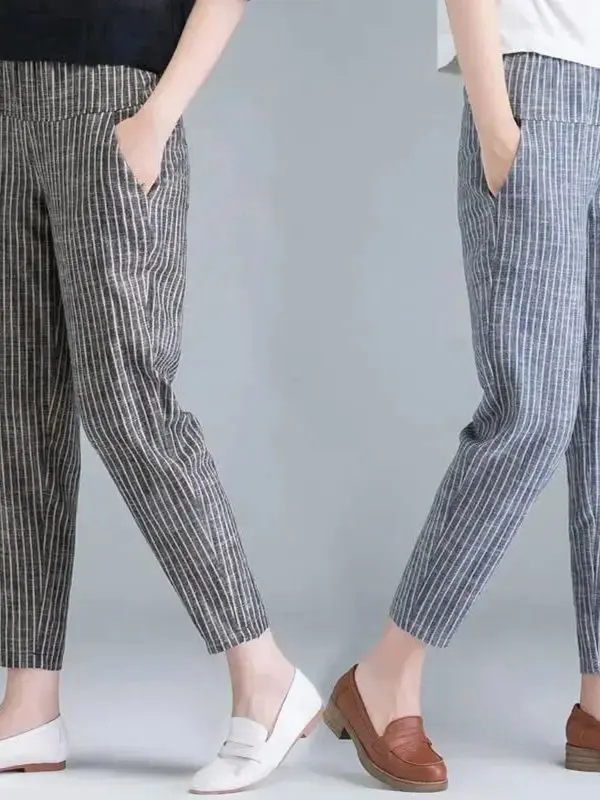 กางเกงลำลองผู้หญิงลายทางแนวตั้งทรงหลวม เอวยางยืด ทรงตรงขายาว สวมใส่สบาย ทรงหลวม แฟชั่นฤดูร้อน