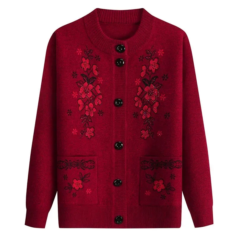 Spring Autumn Sweater Female Middle-Aged And Elderly Sweater Mother Cardigan Add Velvet Add Thick Winter Grandmother Coat