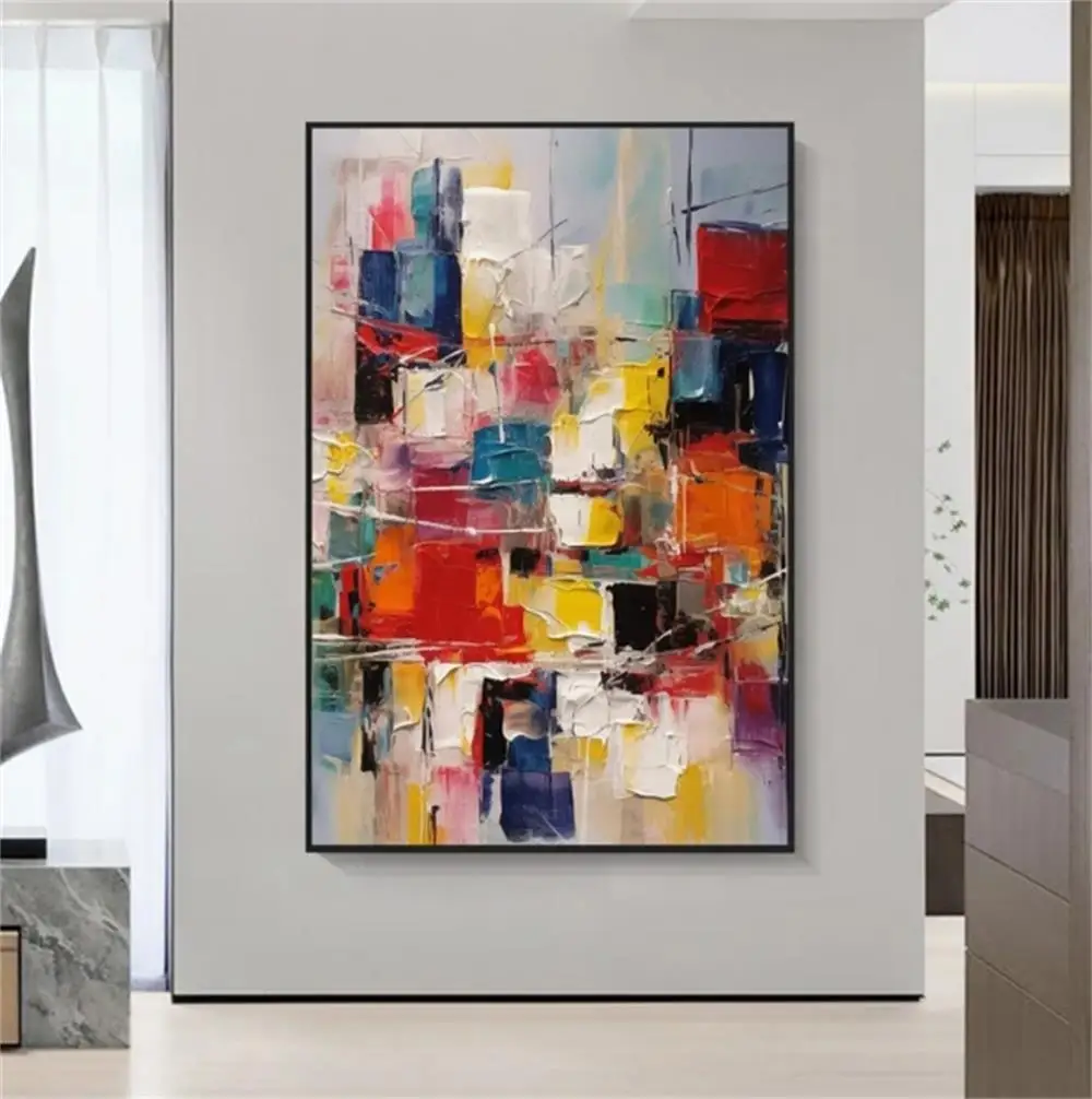 

100% handmade modern colorful red yellow blue abstract art textured canvas wall decor oil painting for home office hotel