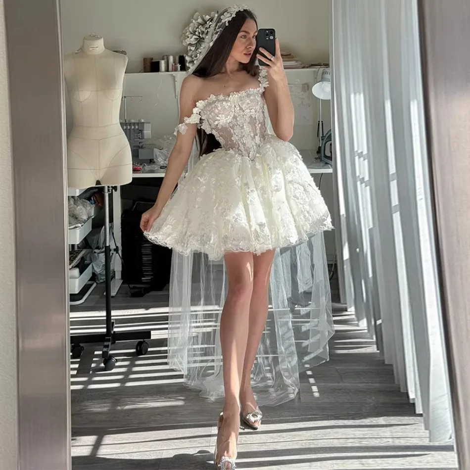 Strapless 3D Floral Lace Short Wedding Dress Illusion Corset Bodice Puffy Tulle Mini Skirt with Detachable Train Fairy Gown