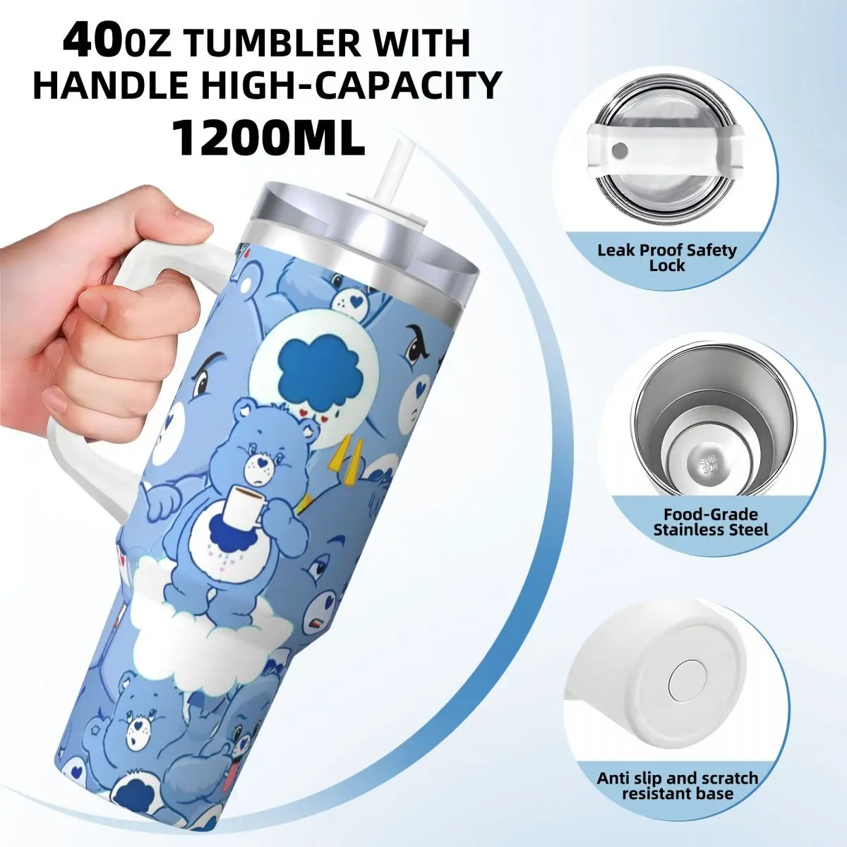 Care Bears Stainless Steel Tumbler Travel Coffee Mug With Straws and Lid Large Car Mugs Cold Drink Water Bottle