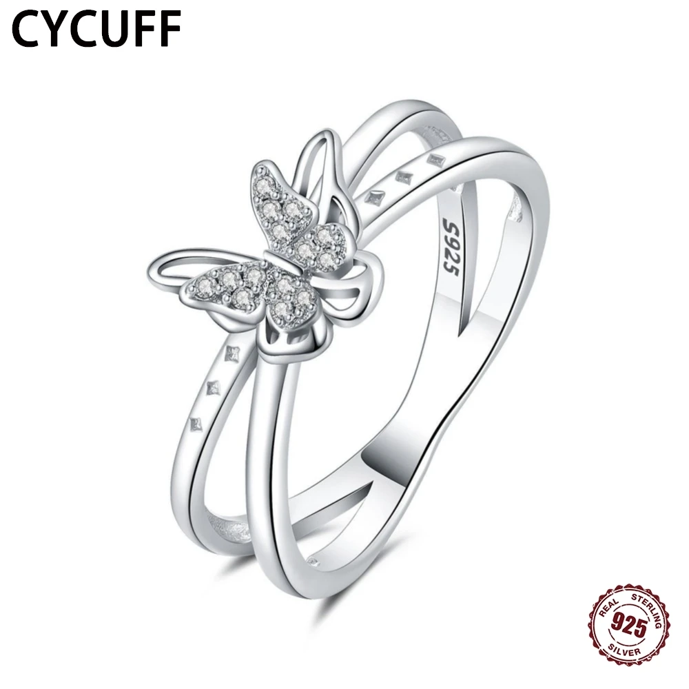 

CYCUFF 925 Sterling Silver Female Rings Butterfly Double Row Rings Zircon Fashion Engagement Wedding Jewelry Gifts DIY For Women