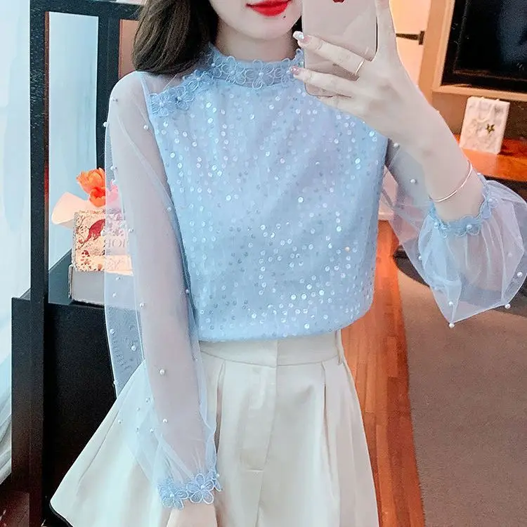 Elegant Lace Hook and Flower Chiffon Shirt Feminine Style Mesh Splicing Sweet Top Autumn New Style Beautiful and Unique