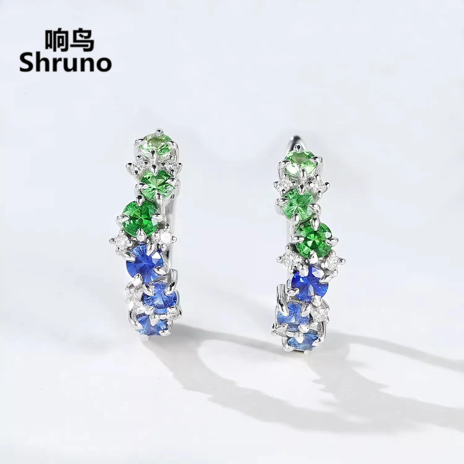 Shruno Solid 14K au585 White Gold Sapphire Tsavorite Diamond Earrings Women Fashion Design Earrings Polish Shank High Quality