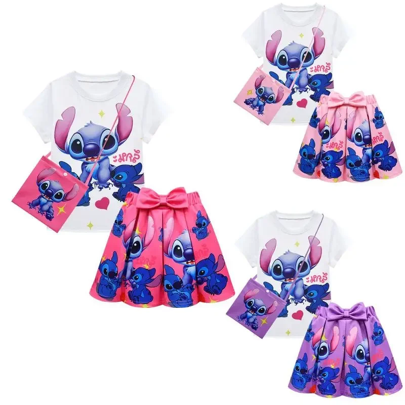2025 New Stitch And Angel Children's Set Sleeve Pleated Cartoon Printing Kawaii Short Sleeves Skirt Lovely X158