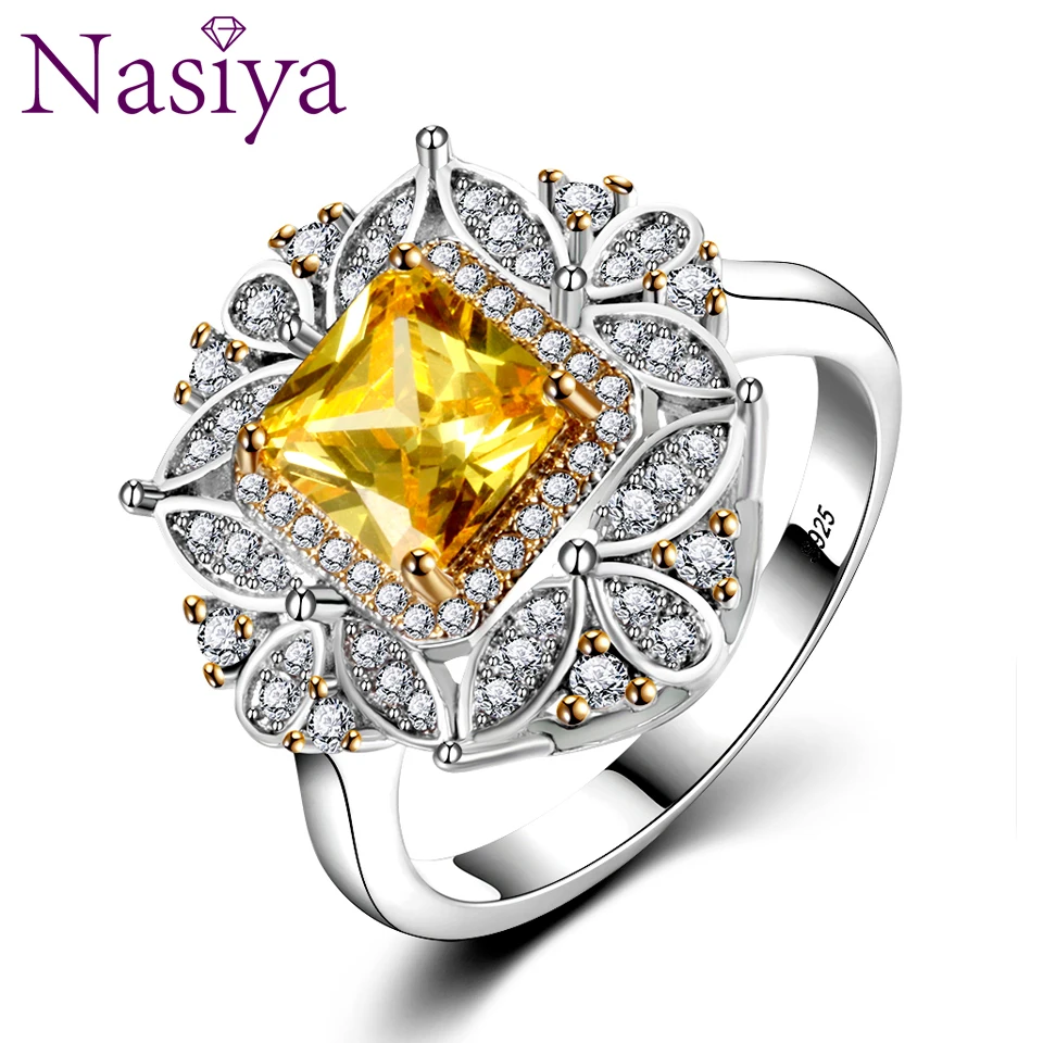 

Luxury Square Created Citrine Rings For Women Genuine Silver Color Jewelry With AAAAA Zircon Wedding Engagement Ring Gifts
