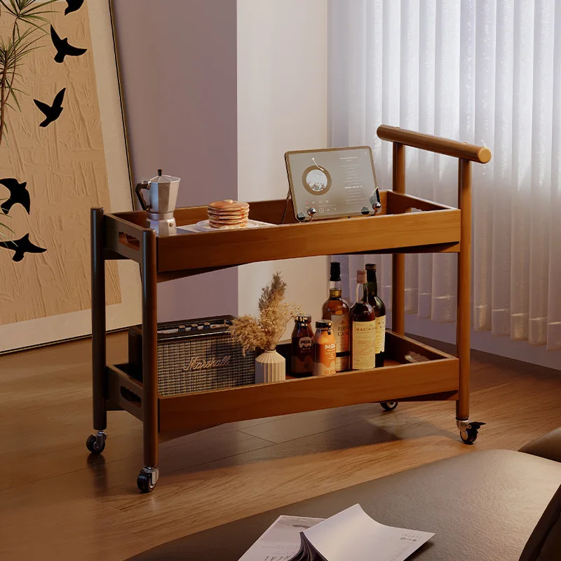 Solid Wood Mobile Coffee Table Trolley Creative Side Table With Wheels For Living Room Sofa Snack Dining Cart Storage Rack Mesa