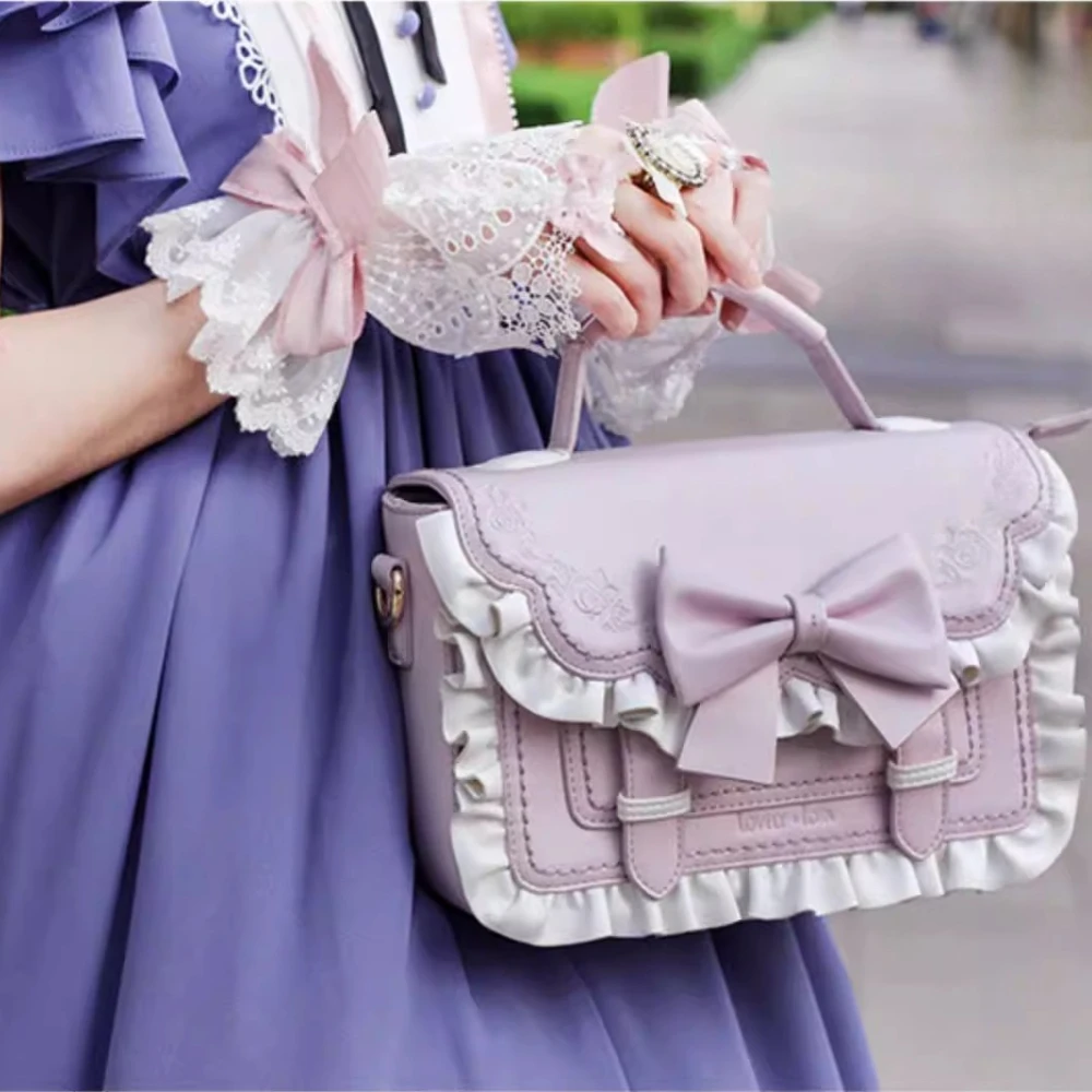 

Japanese Sweet Original Lolita Style Handbag Kawaii with Bow Ruffle Edge Messenger Bag Suitable for Daily and Role-playing Women