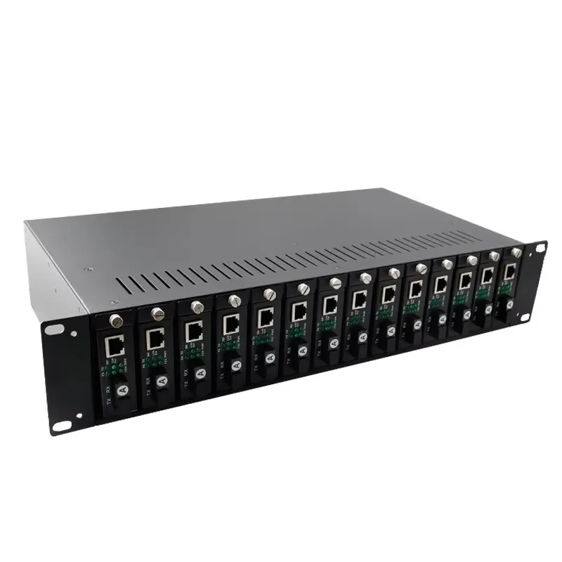 2U 19 Inch 14 Slot Media Converter Chassis Dual Hot Swappable Power Supply AC100-265V For Fiber Equipment