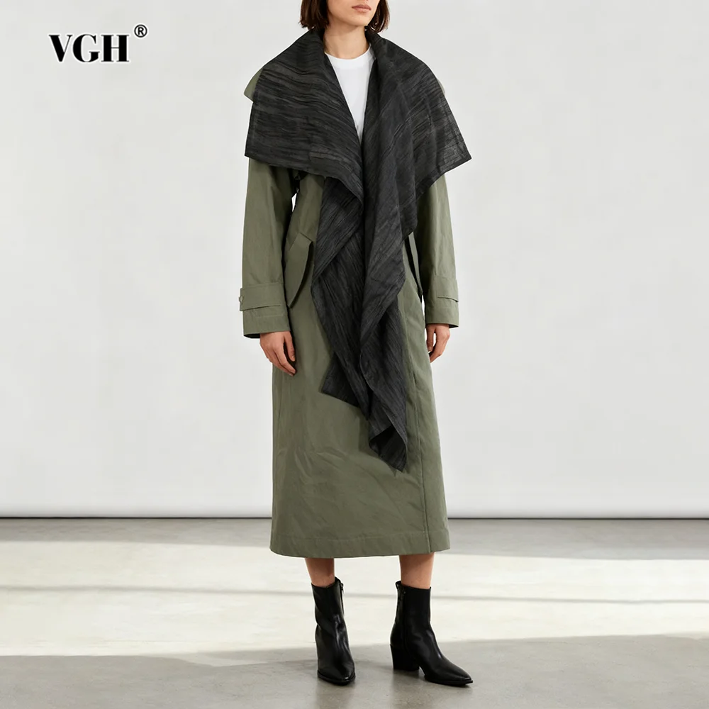 

VGH Solid Temperament Slimming Trench For Women Lapel Long Sleeve Spliced Pockets Autumn Designer Jackets Female Fashion Style