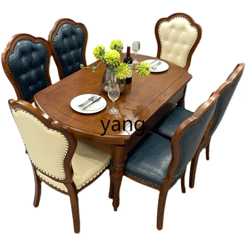 

LH all solid wood dining table and chair combination telescopic retro simple folding household round table