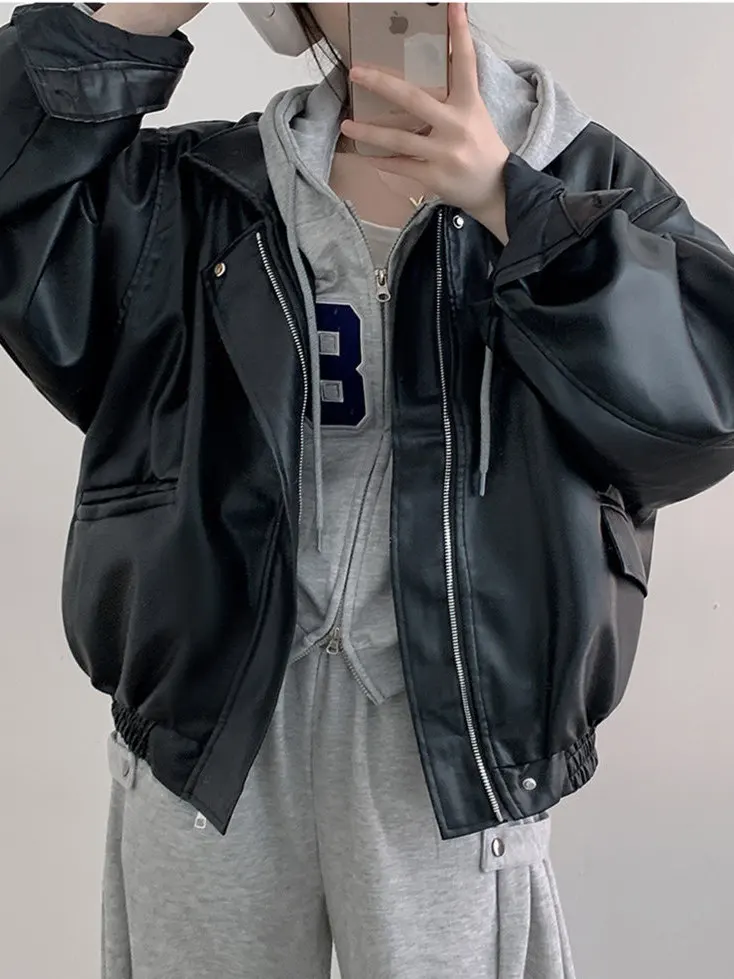 

Женская кожаная куртка в стиле ретро в Гонконге, свободная повседневная одежда на молнии, элитный байкерский длинный топ све, модная уличная одежда