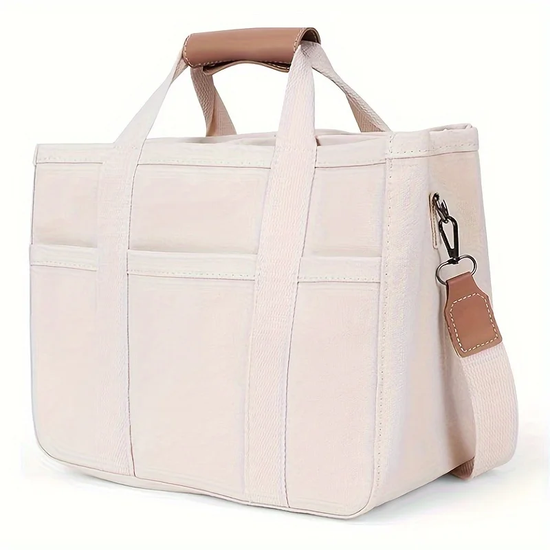 

1pc Canvas Tote Bag With Compartments And Multi Pockets, Everything Bag, Crossbody Lunch Bag