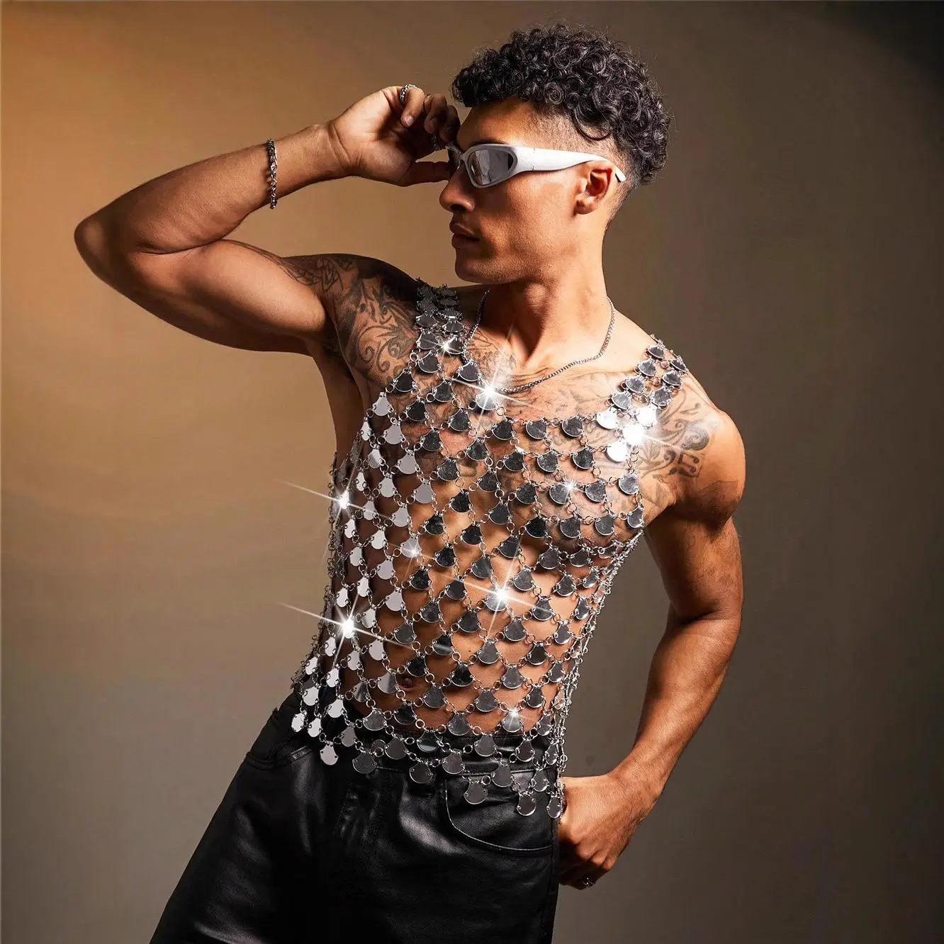 

Sexy Acrylic Men's Tank Top for Music Party Mirror Shine Warmth Citywalk U-Neck A-Line Narrow Shoulder Strap Vest