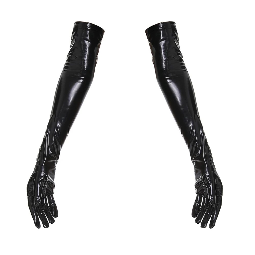 Women Wetlook PU Leather High Stockings Mittens Black Red Leather Shinny Long Gloves Disco Party Dance Clubwear Cosplay Costumes