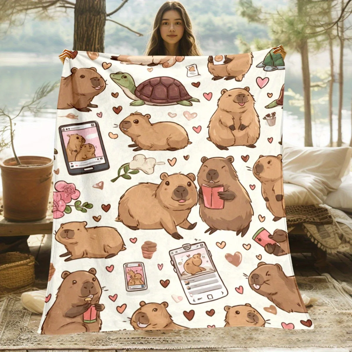 1pc Cute Capibara Pattern Blanket - Lightweight Flannel Throw for Sofa, Camping, Livingroom, Office, Chair, And Bed - Digital Printing Soft And Warm Flannel Blanket Warm Winter Warmth, Outdoor