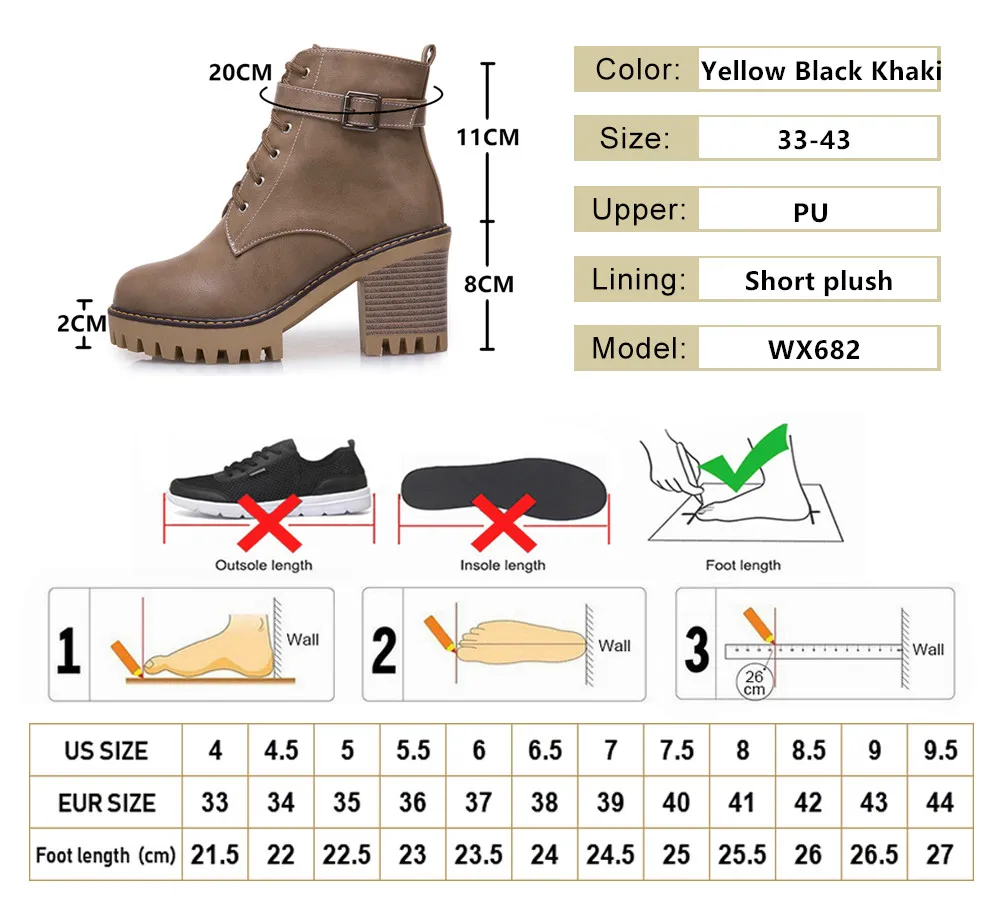 2024 Black Platform Ankle Boots Women Winter PU Leathe Lace-Up  Thick High Heels Motorcycle Botas Mujer Brown Yellow 33-43