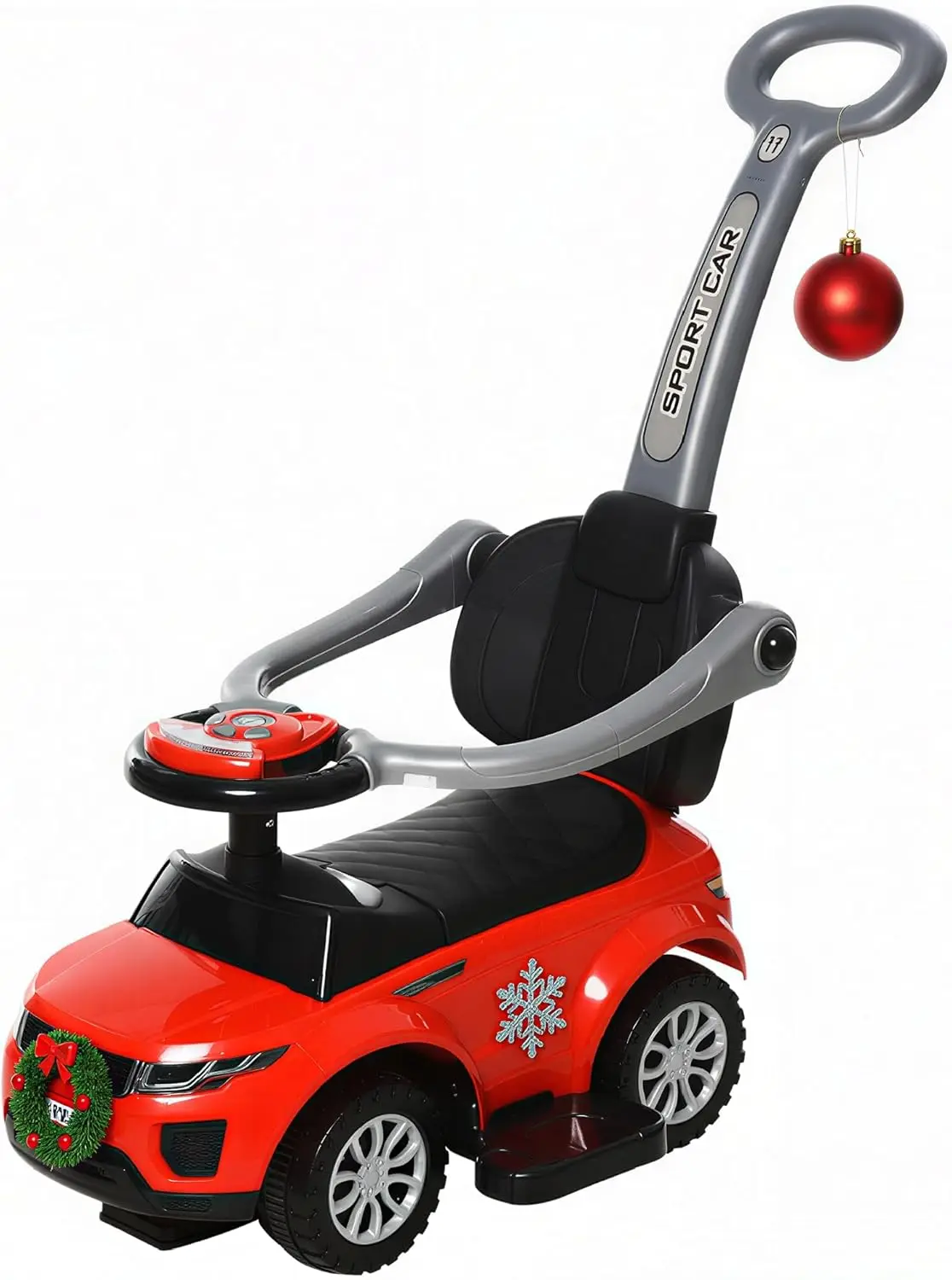 2-in-1 duwauto voor peuters met hoorn, muziek, licht en veilige stang - rijspeelgoed voor jongens, meisjes van 1-3 jaar in rood
