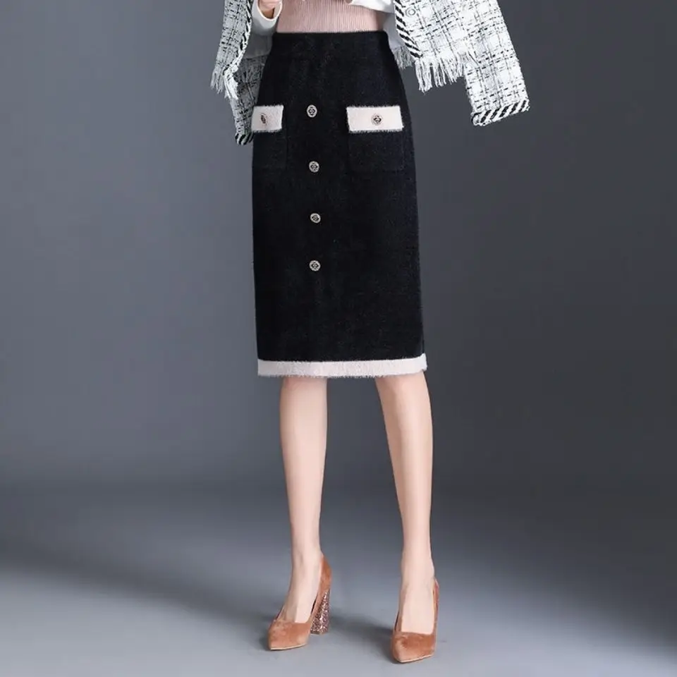 Saia midi de malha de pele de vison espessada nova saia com envoltório de quadril feminino cintura alta comprimento médio na altura do joelho saia de malha na moda