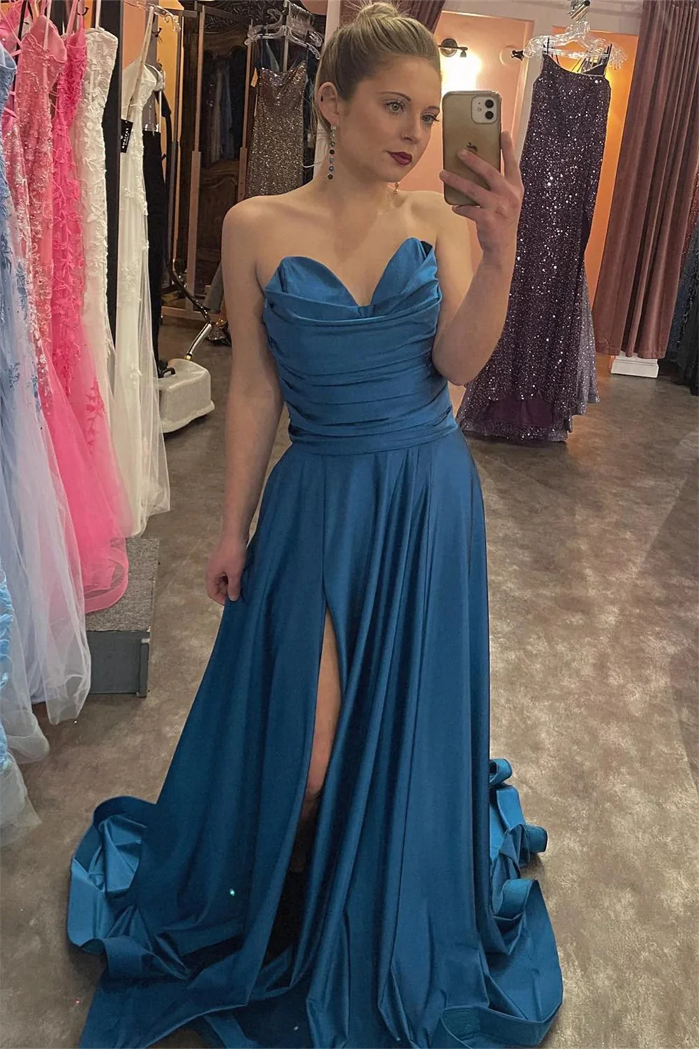 Jessica-Robe de mariée élégante bleue, épaules dénudées, fente latérale, plis, robes de Rhpour dames, corset en forme de A, robe éducative