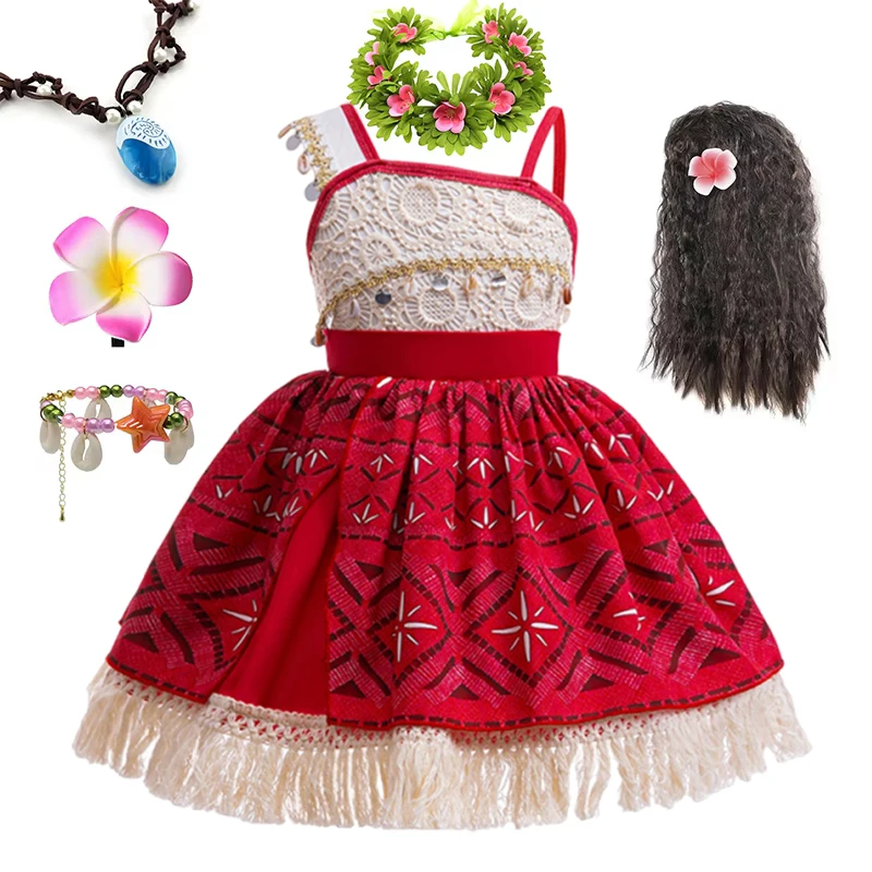 Disfraces de Princesa Moana 2 para Niñas 2026, Vestidos de Fiesta para Niñas, Ropa de Cosplay de Vaiana con Collar, Borlas y Adornos de Conchas