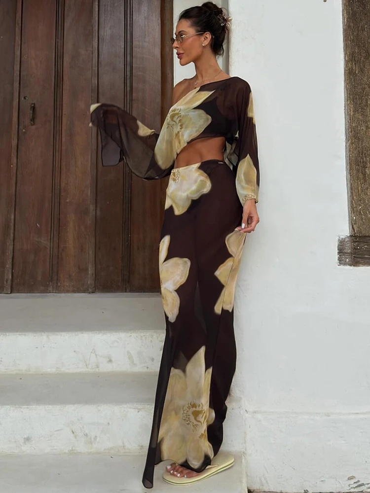 Strano gatto stampa floreale set da 2 pezzi vedere attraverso donna colletto obliquo manica intera crop top + gonne abbinate abiti eleganti per le vacanze