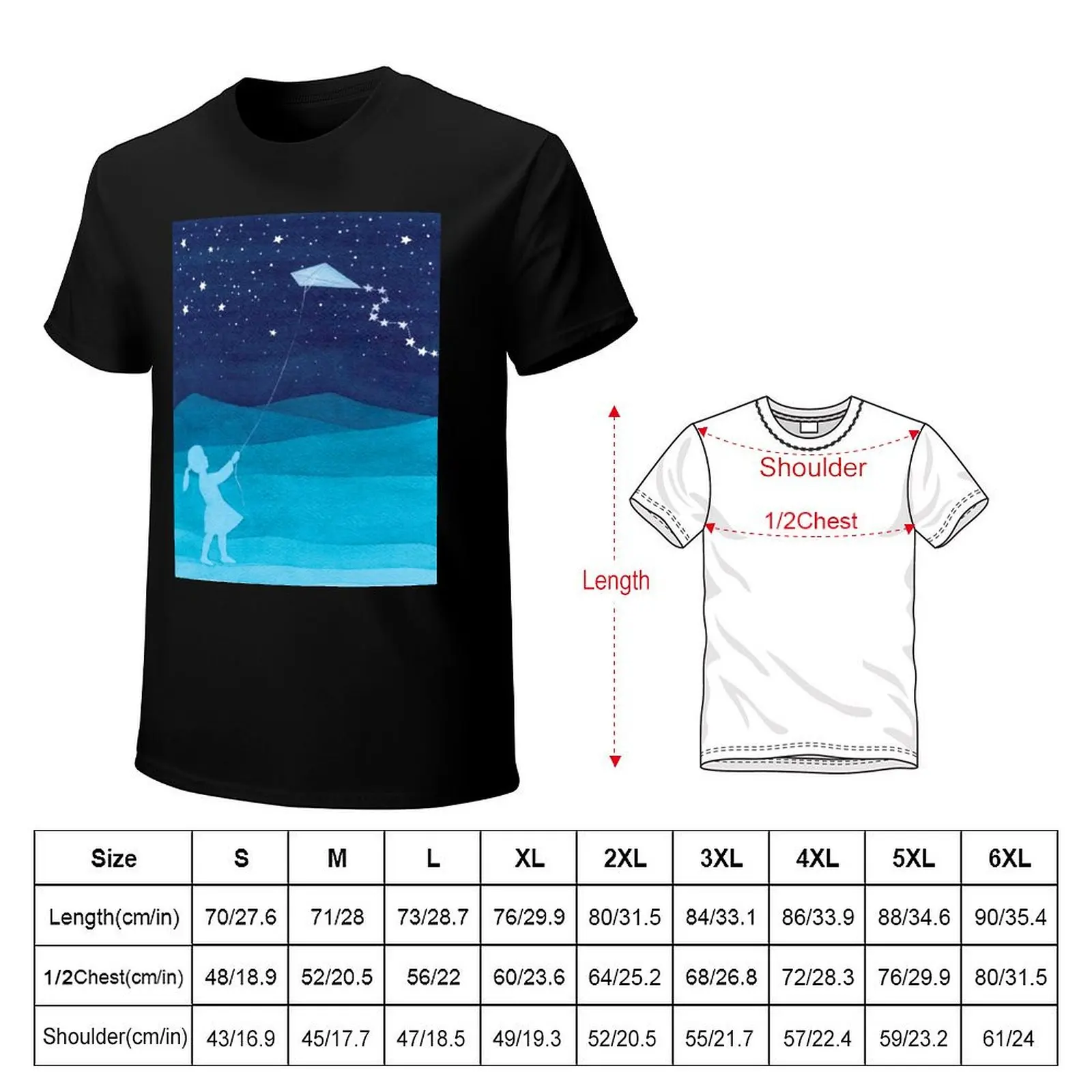 Girl with a kite, blue T-Shirt Basic Solid Tee for Daily Use