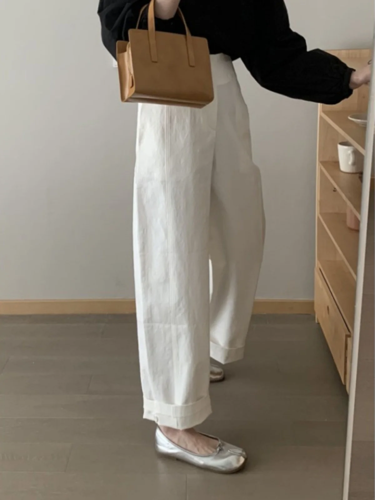 Calças brancas de perna reta larga fena primavera verão casual solto ajuste nove pontos calças de terno cintura alta esti...