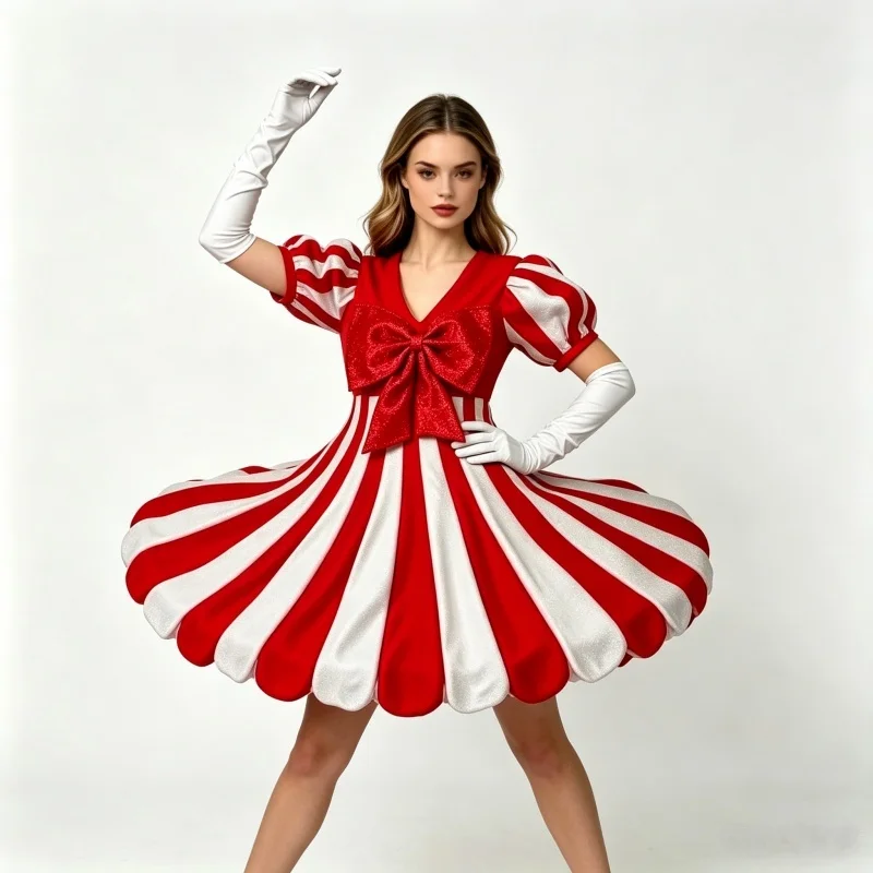 Women's Red & White Striped Clown Costume with Long Gloves Christmas Carnival Halloween Festival Performance Fancy Party Dress