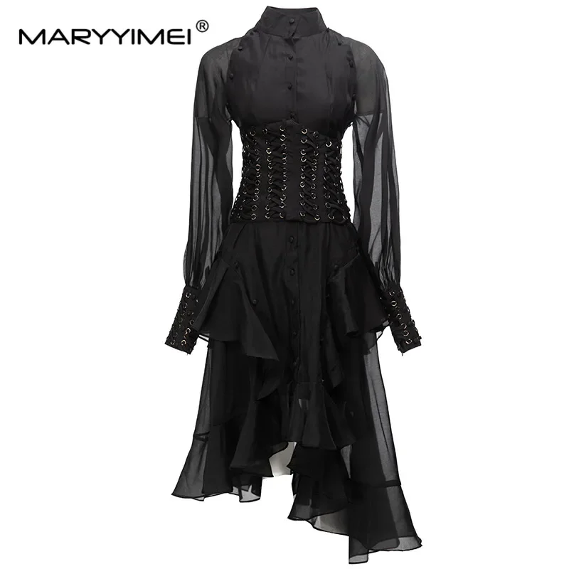 

MARYYIMEI Fashion Designer Women's dress Standing collar Lantern Sleeve Ruffles Asymmetrical Bodycone Draw String Dresses