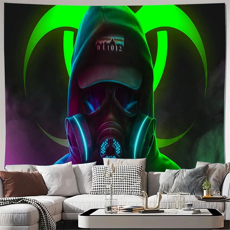 Neon Gas Mask Hoodie Biohazard Symbol Wall Tapestry Machine Washable All Season Decor Print Futuristic Art Design Home non-toxic