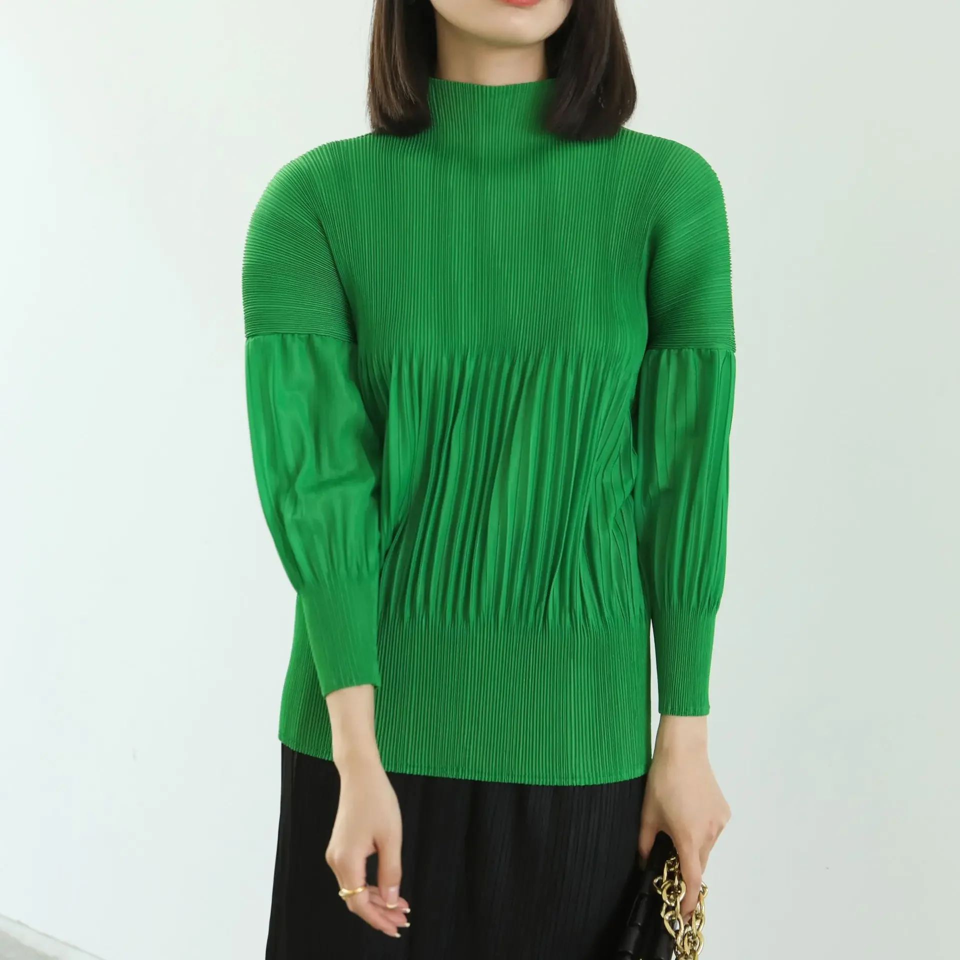 Miyake Pleated High Quality Women Long-sleeved Tops Casual Versatile Fashion Solid Half Turtleneck T-shirt 2024 Early Spring New