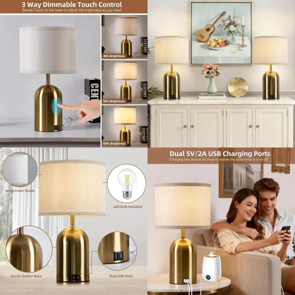 

Set of 2 Gold Touch Control Table Lamps, Modern 3-Way Dimmable for Bedroom, Living Room, Office with USB Ports and 2 Bulbs