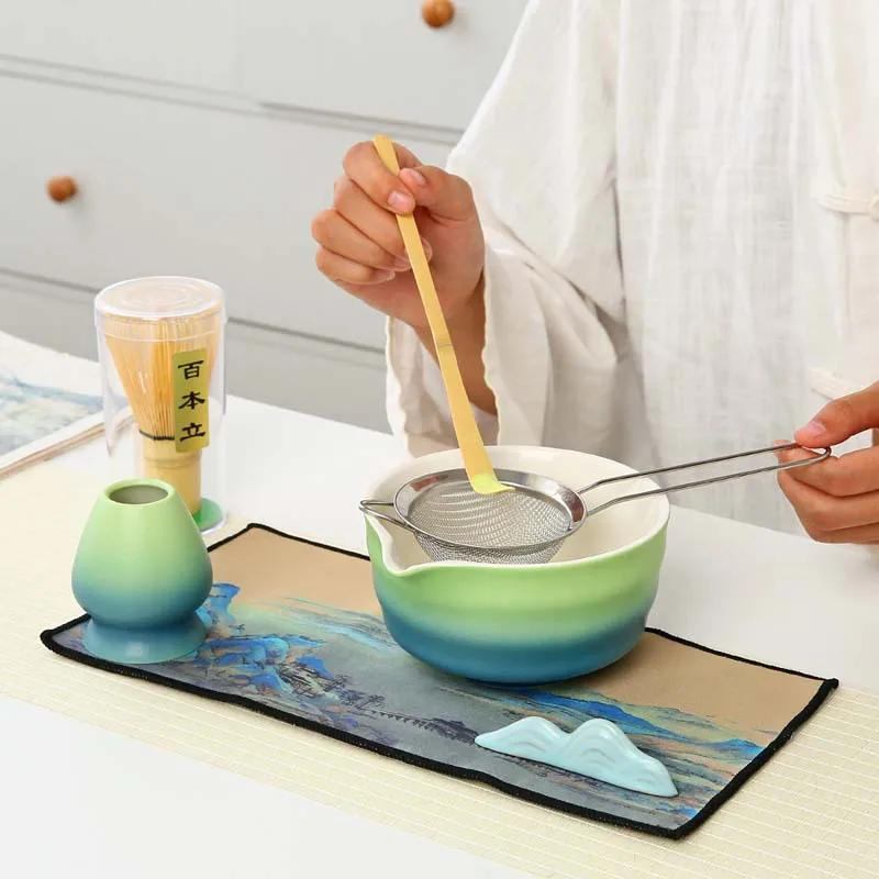 2/7pcs Gradient Traditional Matcha Gift Set Natural Bamboo Matcha Whisk Scoop Ceremic Matcha Bowl Whisk Holder Japanese Tea Sets