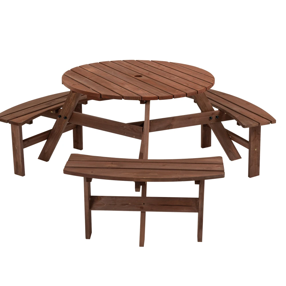 

6-Person Circular Outdoor Wooden Picnic Table for Patio, Backyard, Garden, DIY w/ 3 Built-in Benches, 1720lb Capacity - Brown