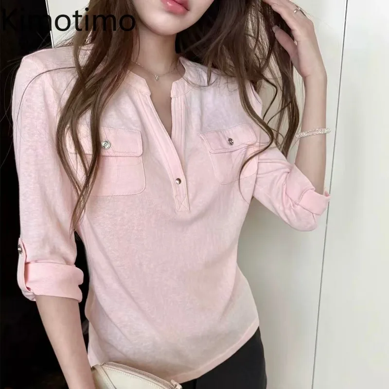 Kimotimo T Shirt Women 2026 Autumn Simple Solid V Neck Pockets Slim Sheer Versatile Tops Casual Fashion Y2k Aesthetic Basic Tees