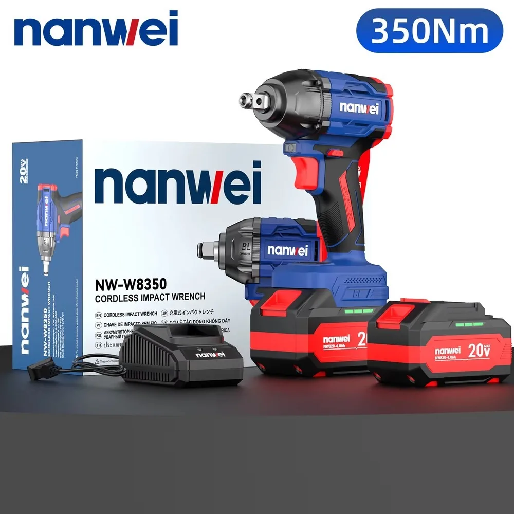 NANWEI Cordless Brushless Electric Wrench 20V 4.0Ah Li-ion Battery 350Nm High Torque 1/2 Drive Portable Power Tool for