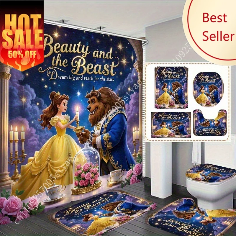 

Beauty and The Beast Shower Curtain Set Disney Cartoon Decoration Gifts Floor Mats Toilet Seat Cover Belle Beast Bathroom Decor