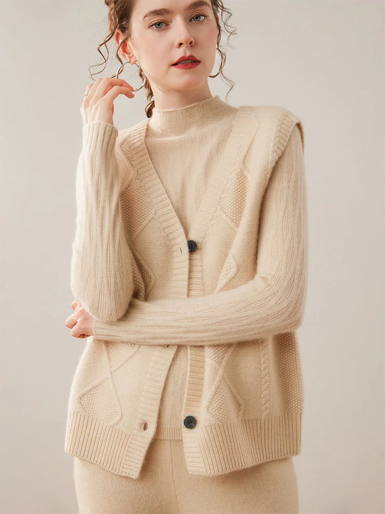 

Thick Cashmere Vests Women Cardigan Sweater Jacquard Sleeveless Waistcoat 100% Cashmere Knitwear Vintage Versatile Autumn Winter