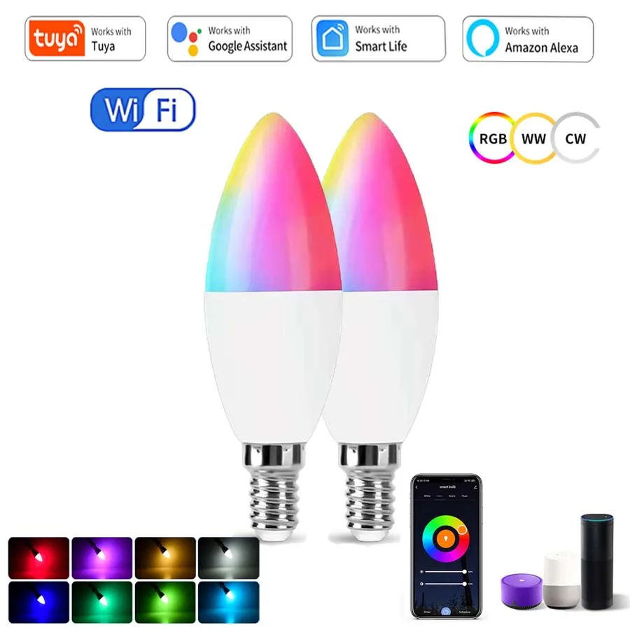 Tuya WiFi E14 LED Light Bulb 5W 7W 9W 220V Smart Life RGB Dimmable Candel Light Alexa Google Assistant Home Voice Control