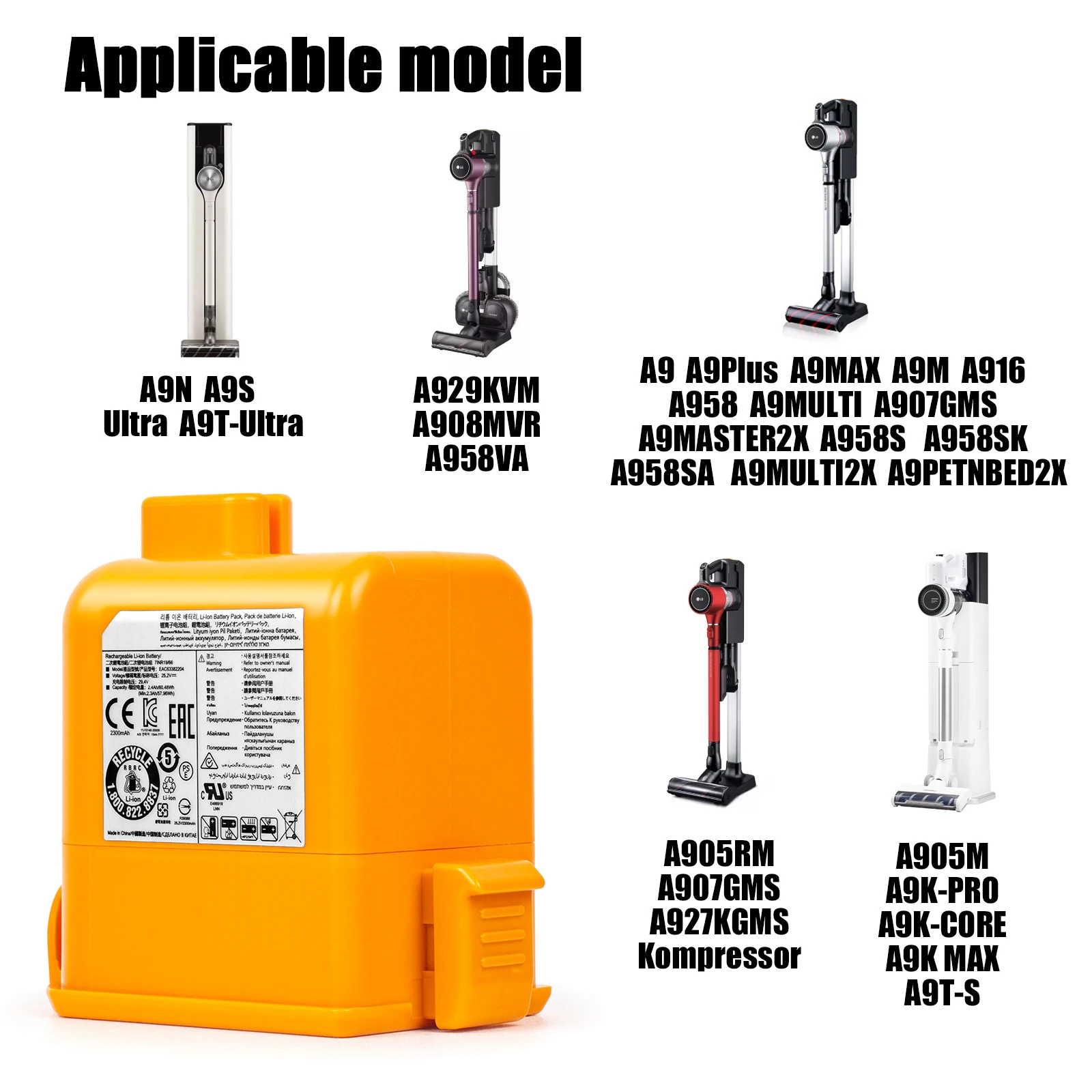 2300mAh Large Capacity Dust Collector Battery For LG A9,EAC63758601 EAC63382204 EAC63382201 EAC63382202 EAC63382205 EAC63382208