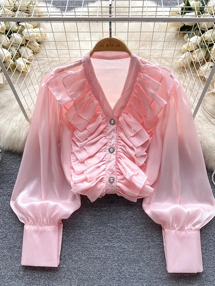 

Women Autumn Shirt Temperament Commuting Long Sleeved V-neck Ruffled Edge Loose Glossy Satin Pullover Shirt Casual Top D5111