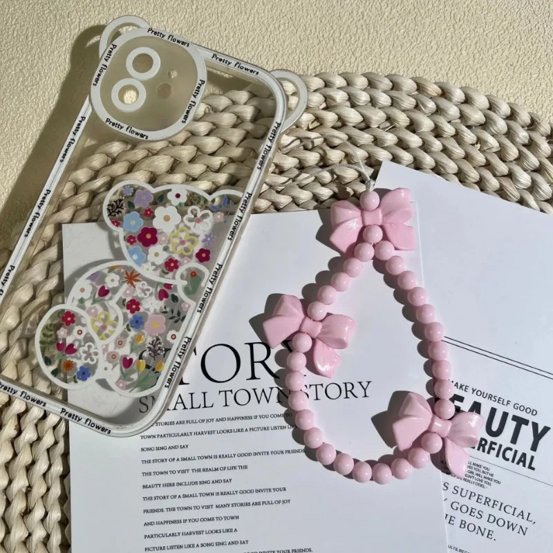 

1pc Charm Bowknot Mobile Phone Chains For Women Girls Telephone Charm Strap Pink Black Acrylic Pearl Beaded Lanyard 핸드폰 체인