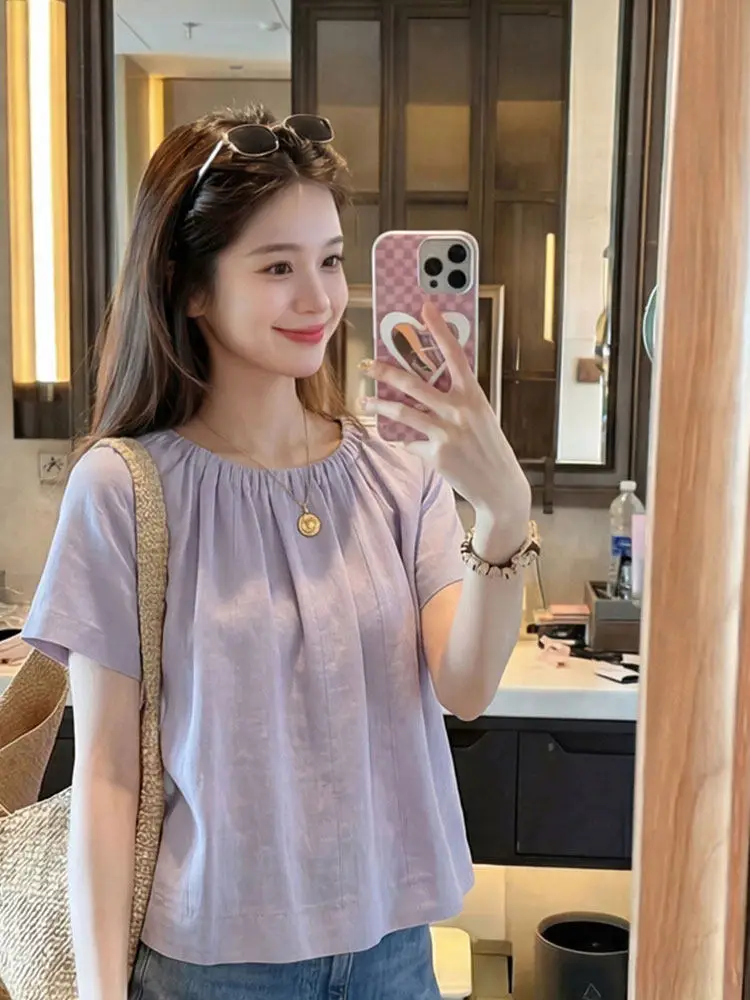 

Korean Style Soft Ageless Purple round Neck Short Sleeve Women's Shirt 2026 Summer New Elegant High-End Slimming Top