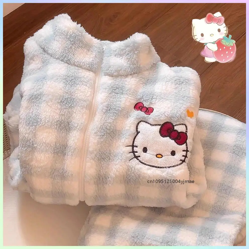 Cute Hello Kitty Pochacco Kawaii Pajamas for Women Winter Coral Velvet Thickened Long-Sleeved Casual Home Clothes for Fat Girls