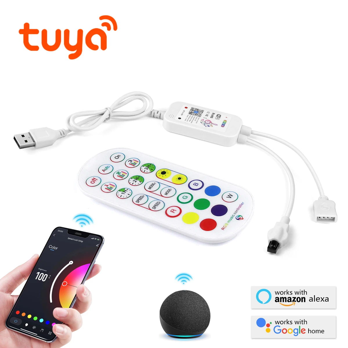 5V USB Tuya APP Wifi RGB LED Controller and Remote control Work With Alexa/Google home For 5V 4 Pin RGB LED Strip/RGB Neon Strip