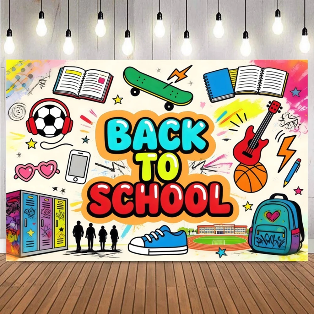 Back To School Photography Backdrop Rainbow Balloons Arch School Bus Books Drawing Pens Student Portrait Decor Photo Backgrounds